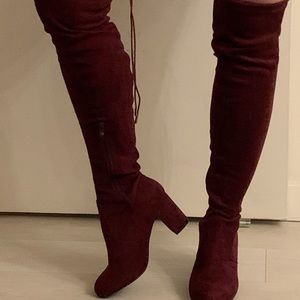 NWOT Maroon suede-like thigh high heeled boots